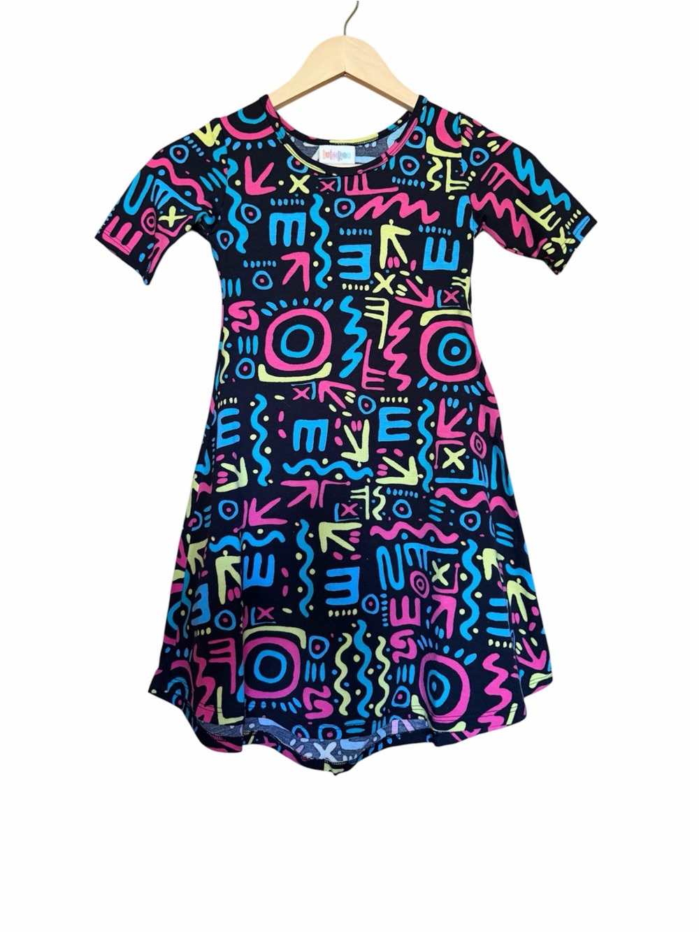 LuLaRoe Black Dress with Pink, Blue & Yellow Graphic Print